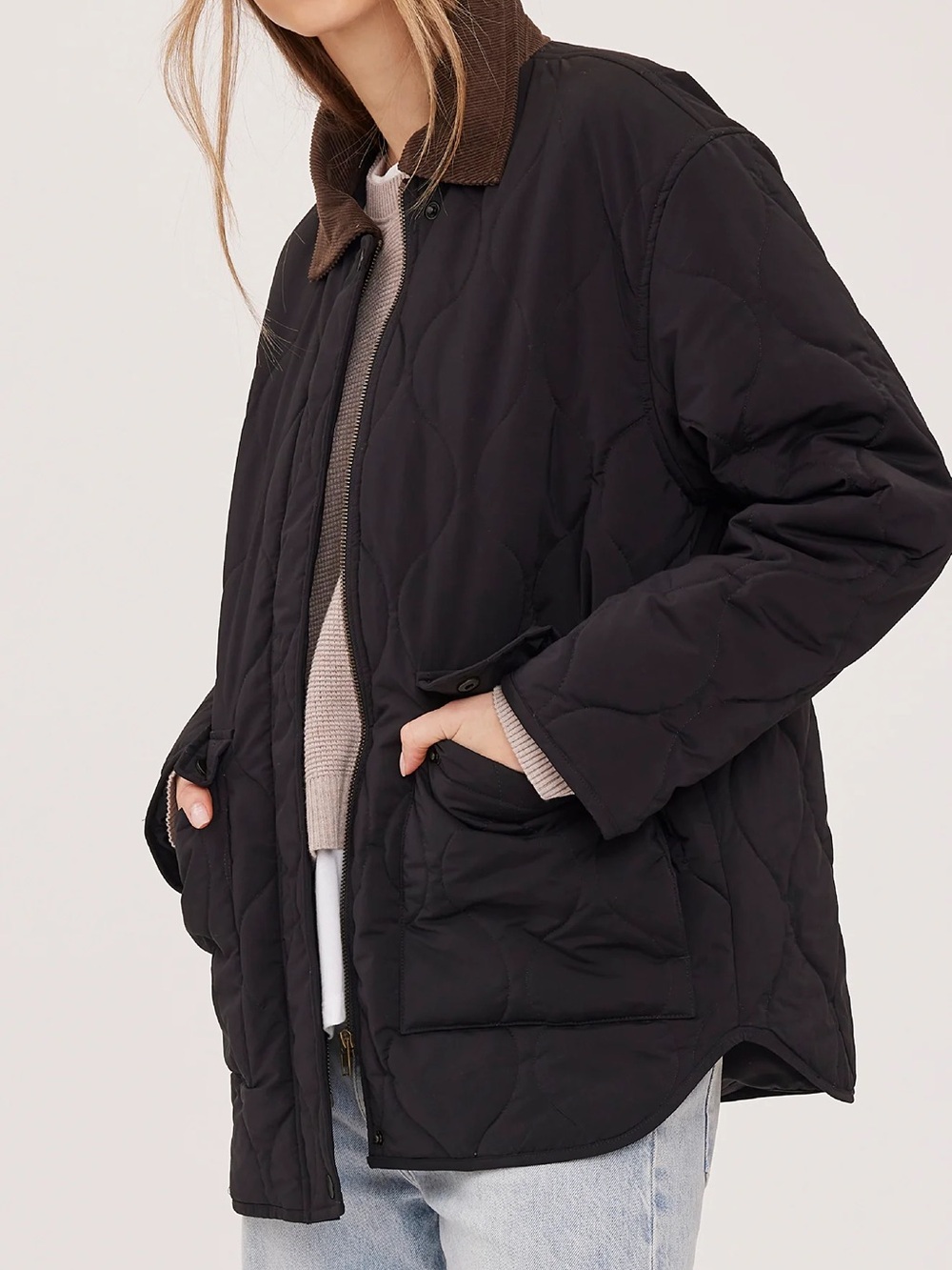 Gentle Fawn - Felix Jacket - Quilted Black Women's Jacket - Corduroy Collar -XXS